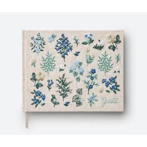 RIFLE PAPER CO. Home Sweet Home Embroidered Fabric Guest Book, Hard Cover Wrapped in Book Cloth & Ribbon Bookmark, (144 Ruled Pages Metallic Gold Ink, 10.25″ W × 8.25″ L)(Wildwood)