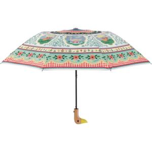 RIFLE PAPER CO. Home Sweet Home Pattern Compact Folding Umbrella, Full Coverage Design, Auto Open Feature, Classic Wooden Duck Handle, 17.13″ L Closed