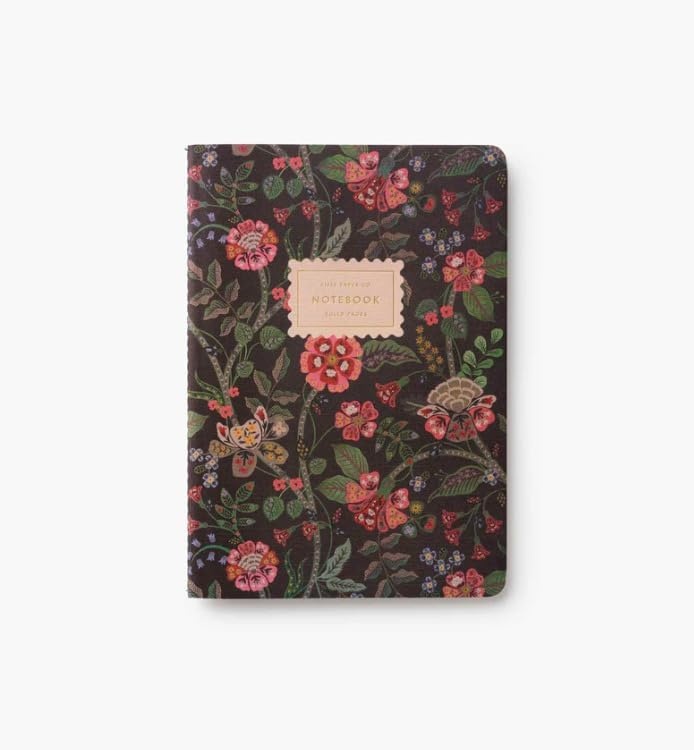 image:imageRIFLE PAPER CO Assorted Set of 3 Mimi Notebooks 85 L x 6 W Set Of 3 64 Ruled Pages With Gold Ink FullColor DieCut Canvas Cover With White Text Paper InteriorGracie