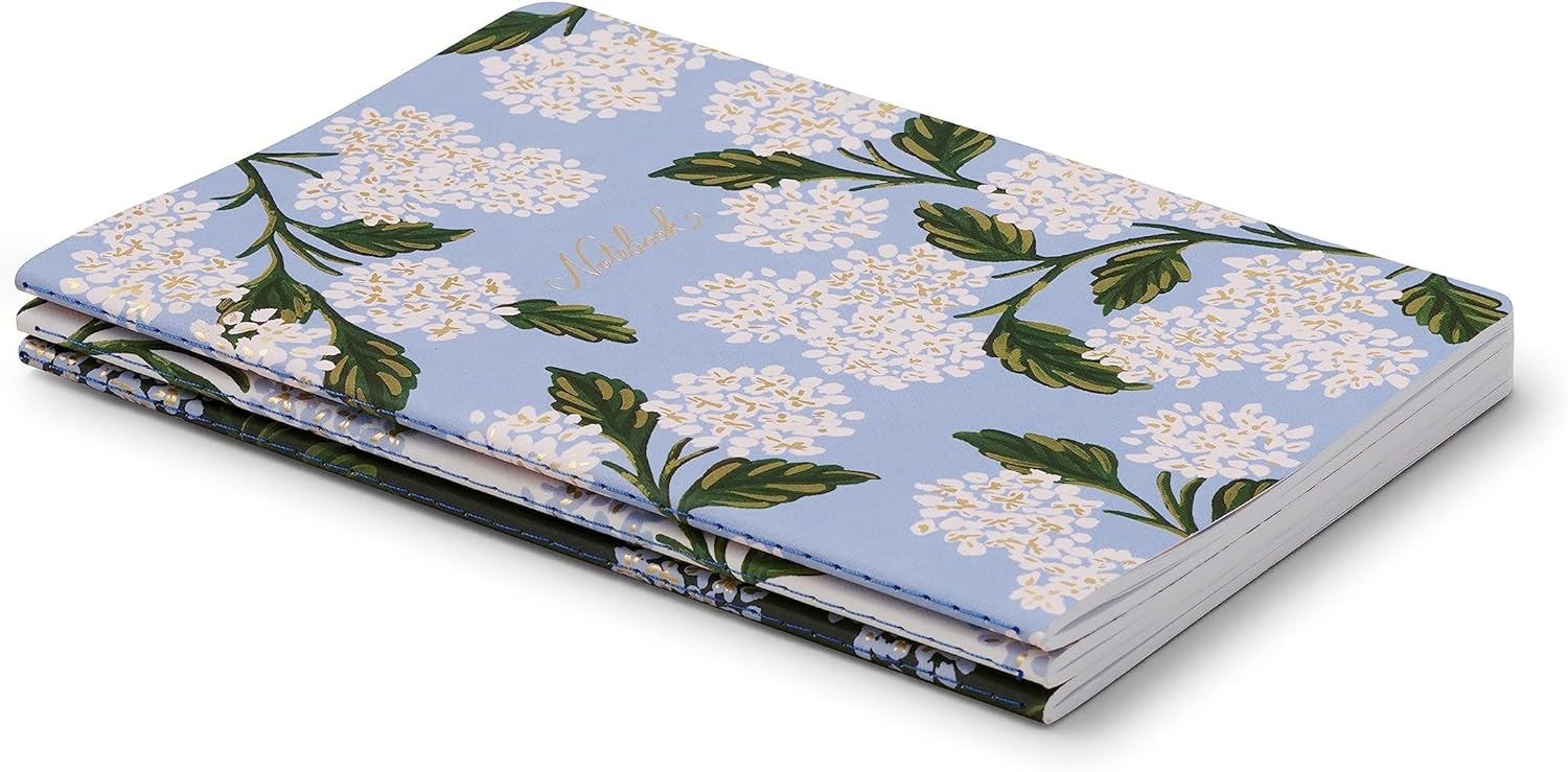 image:imageRIFLE PAPER CO Assorted Set of 3 Mimi Notebooks 85 L x 6 W Set Of 3 64 Ruled Pages With Gold Ink FullColor DieCut Canvas Cover With White Text Paper InteriorHydrangea