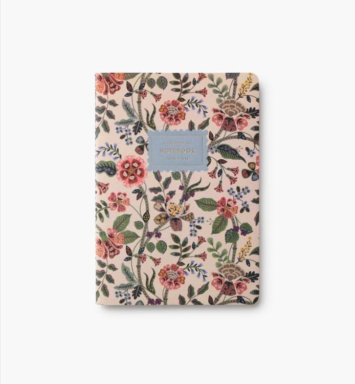 image:imageRIFLE PAPER CO Assorted Set of 3 Mimi Notebooks 85 L x 6 W Set Of 3 64 Ruled Pages With Gold Ink FullColor DieCut Canvas Cover With White Text Paper InteriorGracie