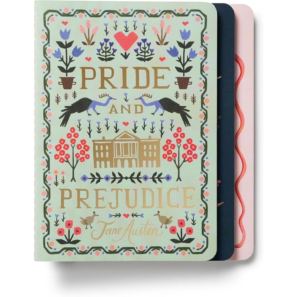 image:imageRIFLE PAPER CO Assorted Set of 3 Mimi Notebooks 85 L x 6 W Set Of 3 64 Ruled Pages With Gold Ink FullColor DieCut Canvas Cover With White Text Paper InteriorJane Austen