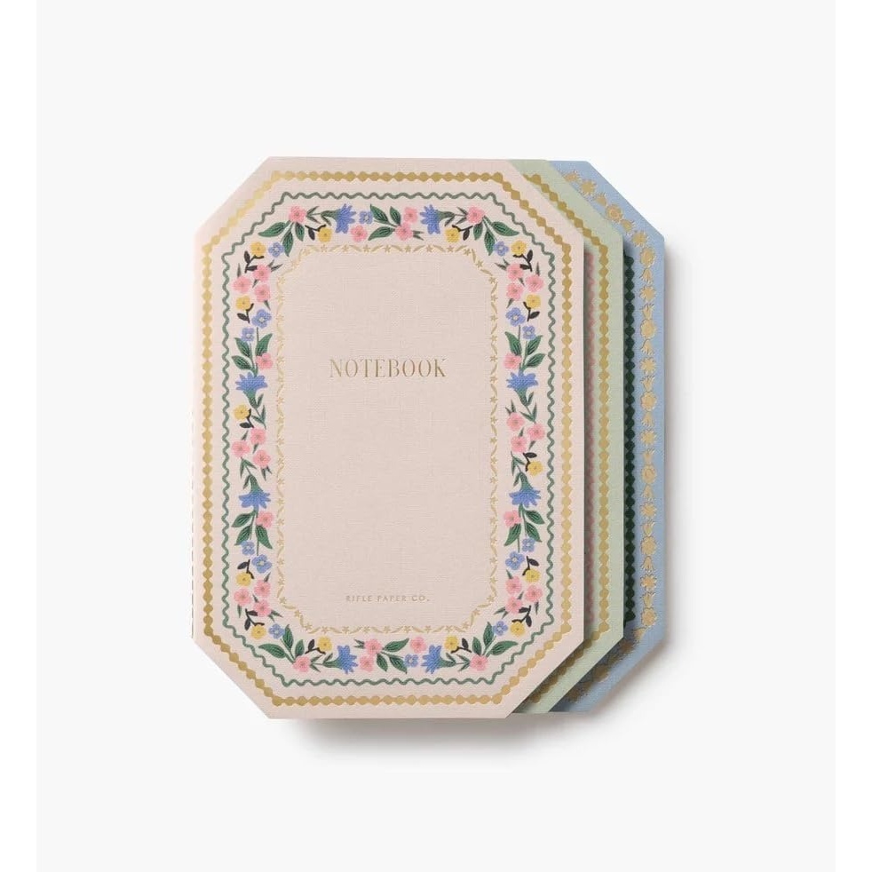 image:imageRIFLE PAPER CO Assorted Set of 3 Mimi Notebooks 85 L x 6 W Set Of 3 64 Ruled Pages With Gold Ink FullColor DieCut Canvas Cover With White Text Paper InteriorGemma