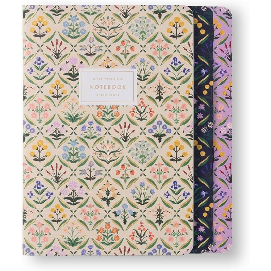 image:imageRIFLE PAPER CO Assorted Set of 3 Mimi Notebooks 85 L x 6 W Set Of 3 64 Ruled Pages With Gold Ink FullColor DieCut Canvas Cover With White Text Paper InteriorEstee