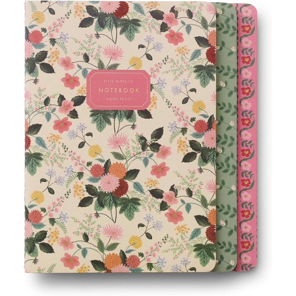 image:imageRIFLE PAPER CO Assorted Set of 3 Mimi Notebooks 85 L x 6 W Set Of 3 64 Ruled Pages With Gold Ink FullColor DieCut Canvas Cover With White Text Paper InteriorDahlia