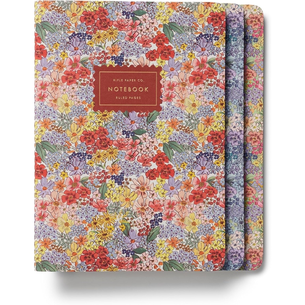 image:imageRIFLE PAPER CO Assorted Set of 3 Mimi Notebooks 85 L x 6 W Set Of 3 64 Ruled Pages With Gold Ink FullColor DieCut Canvas Cover With White Text Paper InteriorMimi