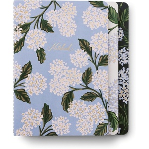 RIFLE PAPER CO. Assorted Set of 3 Mimi Notebooks, 8.5″ L x 6″ W, Set Of 3, 64 Ruled Pages With Gold Ink, Full-Color Die-Cut Canvas Cover With White Text Paper Interior(Hydrangea)