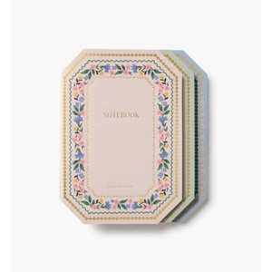 RIFLE PAPER CO. Assorted Set of 3 Mimi Notebooks, 8.5″ L x 6″ W, Set Of 3, 64 Ruled Pages With Gold Ink, Full-Color Die-Cut Canvas Cover With White Text Paper Interior(Gemma)